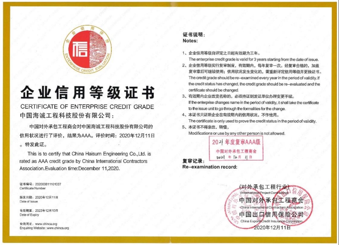 The Company Honored with the Title of AAA-level Enterprise Credit Rating by China International Contractors Association